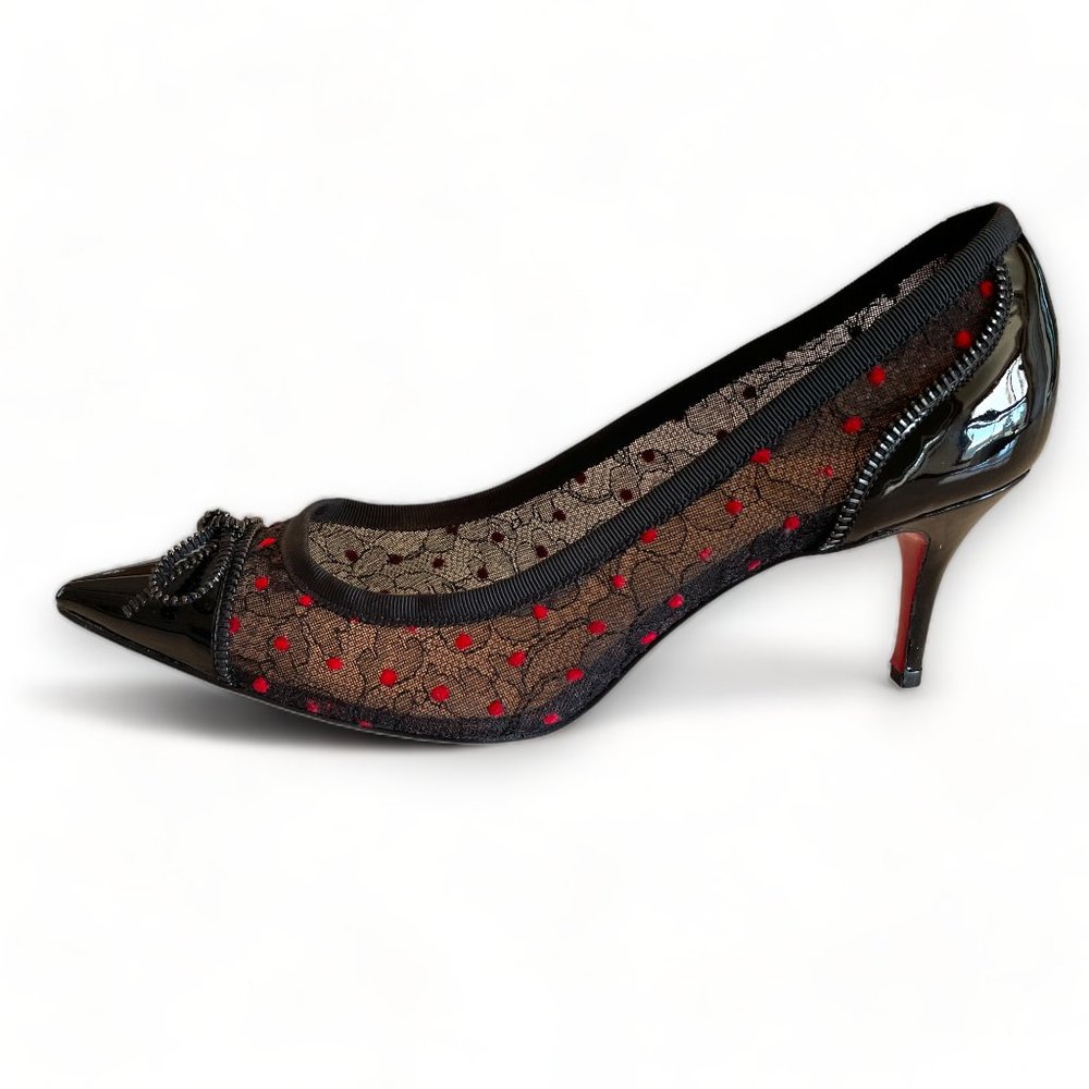 Christian Louboutin Heels Souris 70 Lace Black Pointed Kitten Heel Bow Pumps - Picture 2 of 11